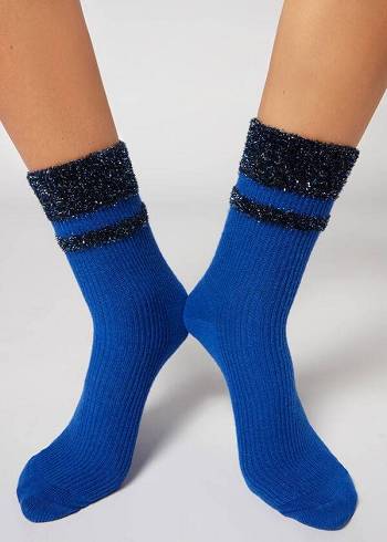 Calzedonia Cashmere Kurzes with Glitter Trim Socken Damen Blau | CH1836LH