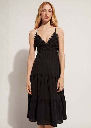 Calzedonia Midi Kleider in Macramé Spitze and Ruffled Skirt Cover-Ups Damen Schwarz | CH2086OR